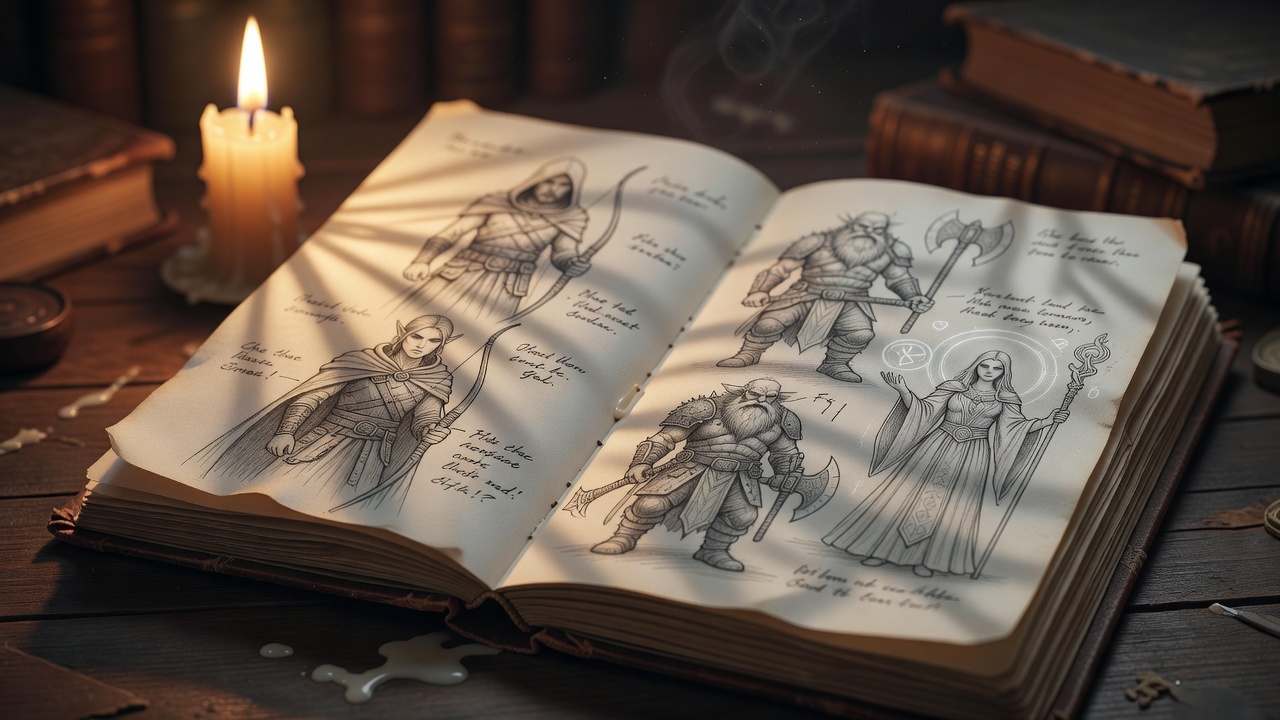 Candlelit notebook with pencil sketches of fantasy characters and handwritten notes