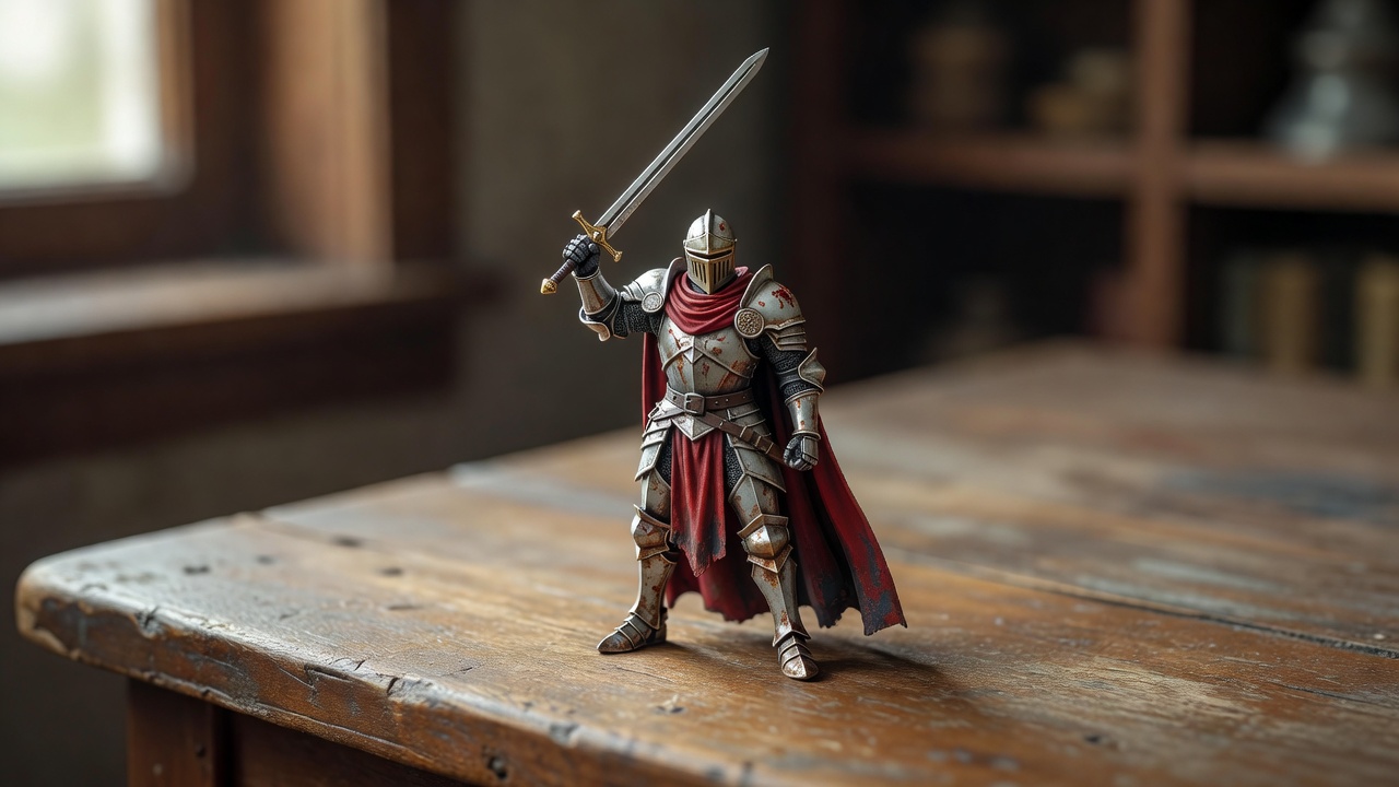 Close-up of a hand-painted miniature hero figure on a wooden table, shallow depth of field