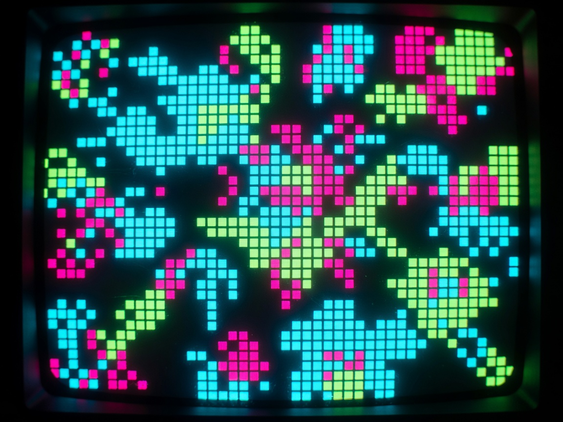 Close-up of pixel art landscape glowing on a monitor screen